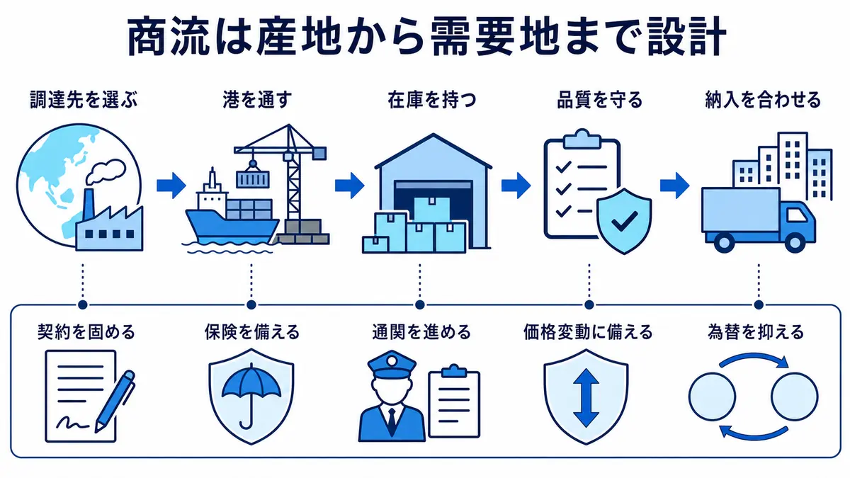 調達先、港、在庫、品質、納入を一つの商流として設計し、契約、保険、通関、価格、為替の管理で支える構造