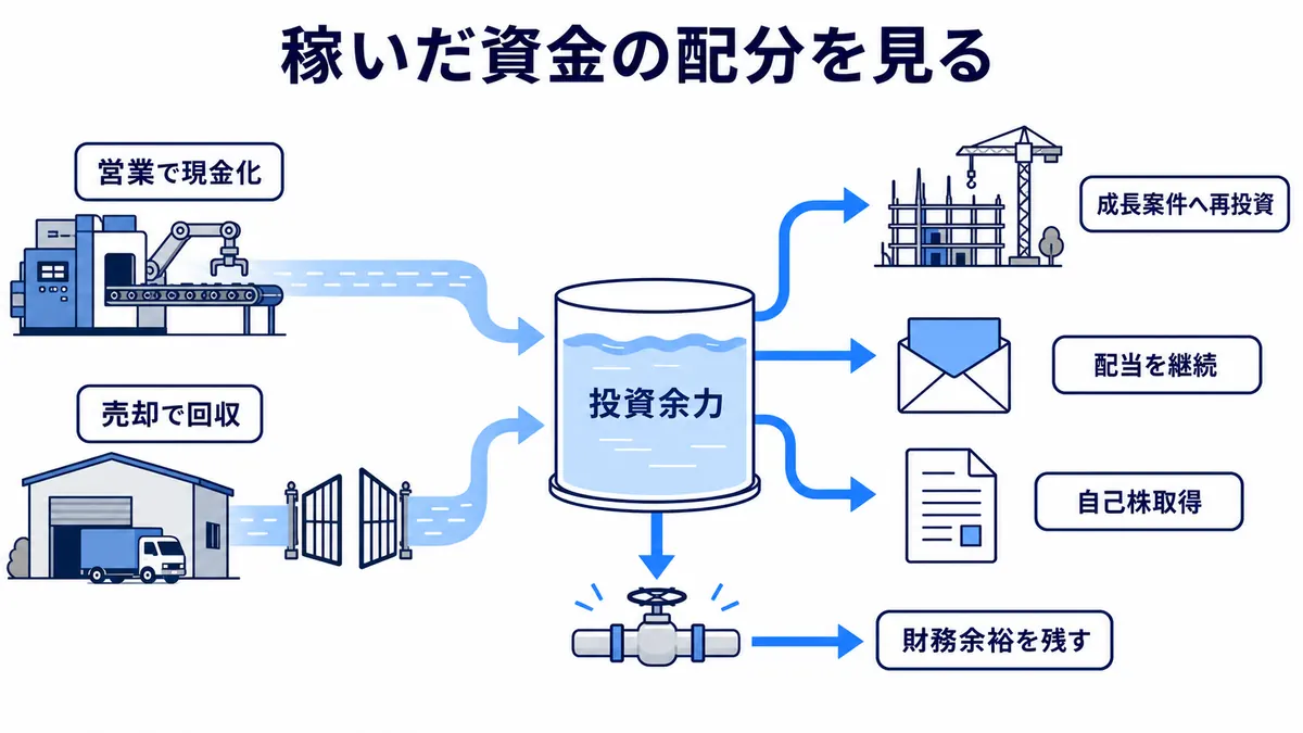 営業活動で生み出した現金と資産売却による回収を原資として、成長投資、配当、自己株取得へ配分しながら財務余裕を残す資金循環