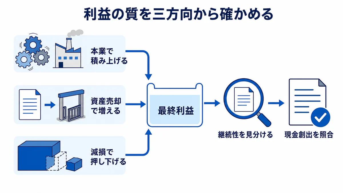 最終利益を本業による積み上げ、資産売却による一過性増加、減損による押し下げに分け、継続性と現金創出を確認する構造