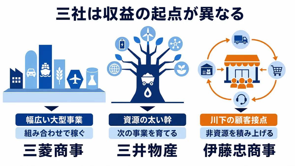 三菱商事を幅広い大型事業の組み合わせ、三井物産を資源の太い幹から次の事業を育てる構造、伊藤忠商事を川下の顧客接点から非資源を積み上げる構造として比較する図