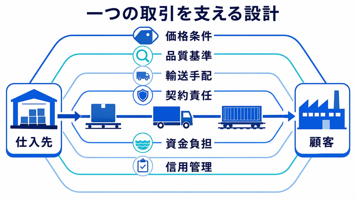 仕入先から顧客へ商品を届ける中央ルートを、価格条件、品質基準、輸送手配、契約責任、資金負担、信用管理が多層で支えるトレーディング設計図