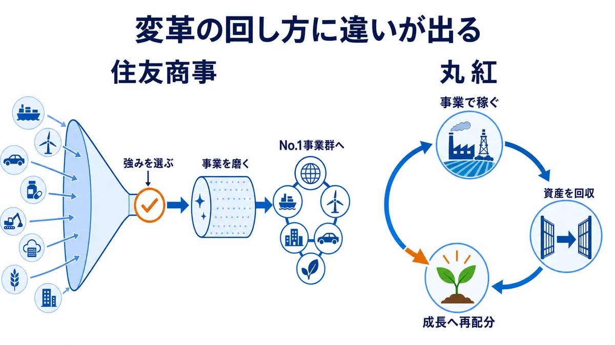 住友商事が強みを選び事業を磨いてNo.1事業群を目指す流れと、丸紅が事業で稼いだ資本を回収して成長へ再配分する循環を比較する図