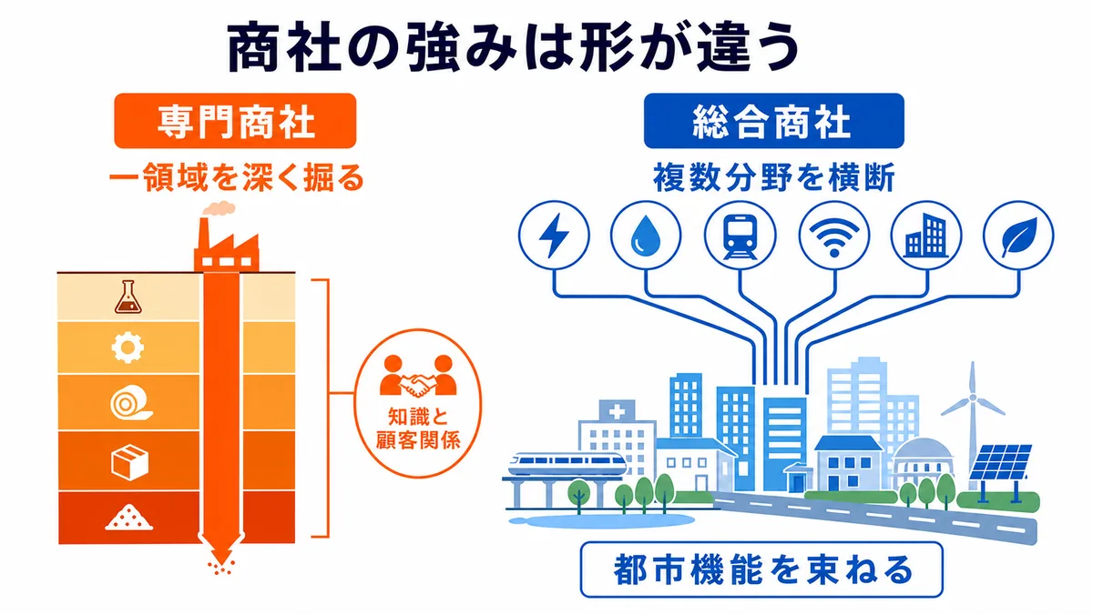 専門商社が特定業界を深く掘って知識と顧客関係を強みにする一方、総合商社は複数分野を横断して都市機能を束ねる構造比較図