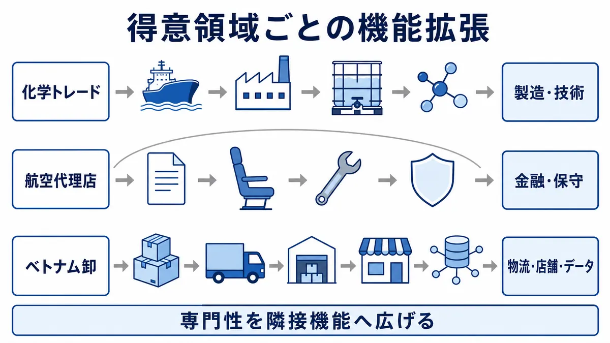 化学・航空・ベトナム事業で既存の専門性へ異なる機能を追加する3つの経路を示す図