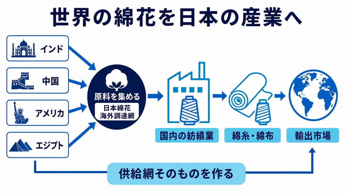 インド、中国、アメリカ、エジプトから綿花を調達し、日本の紡績業を経て綿糸・綿布を輸出する供給網を示す図
