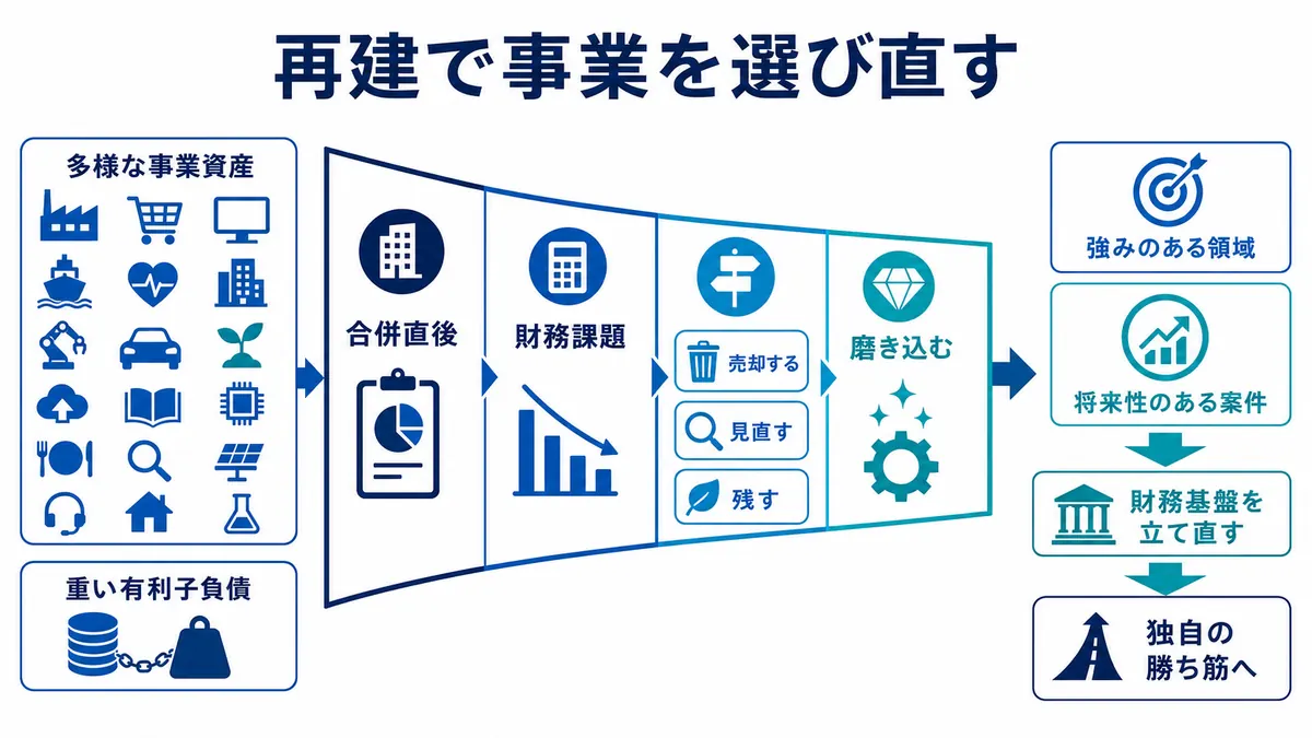 合併直後の多様な事業資産と重い有利子負債を、売却・見直し・選別・磨き込みによって強みのある領域へ絞る図