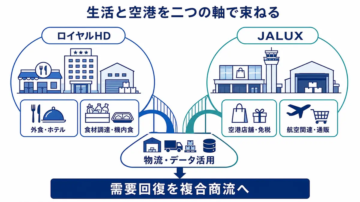 ロイヤルHDの外食・ホテル・食材機能と、JALUXの空港店舗・航空関連機能を物流とデータで結ぶ非資源事業の構造