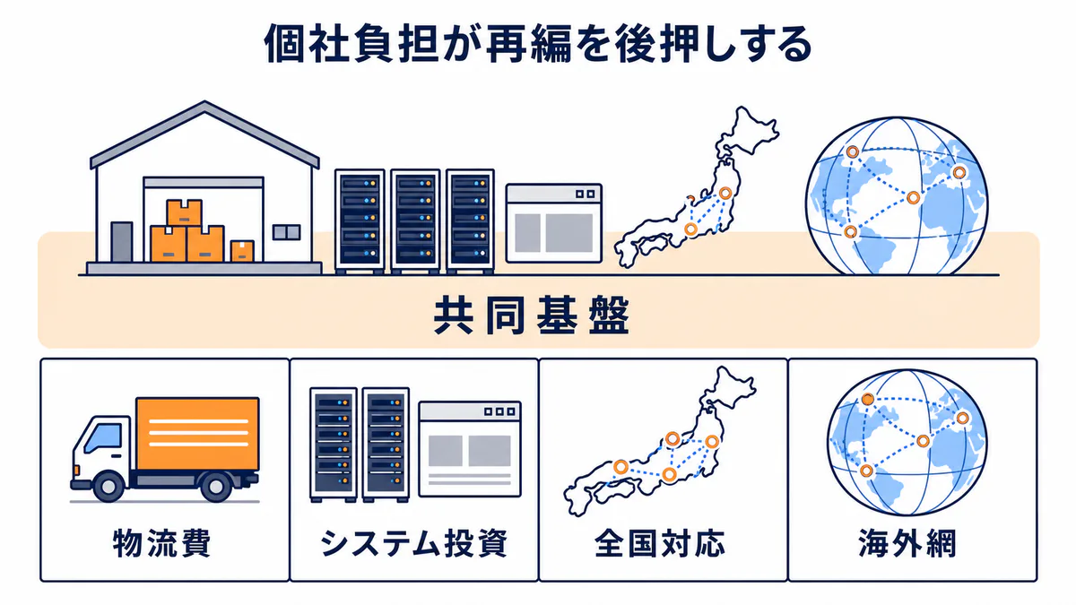 物流費・システム投資・全国対応・海外網の個社負担が専門商社の業界再編を促す構造の図解