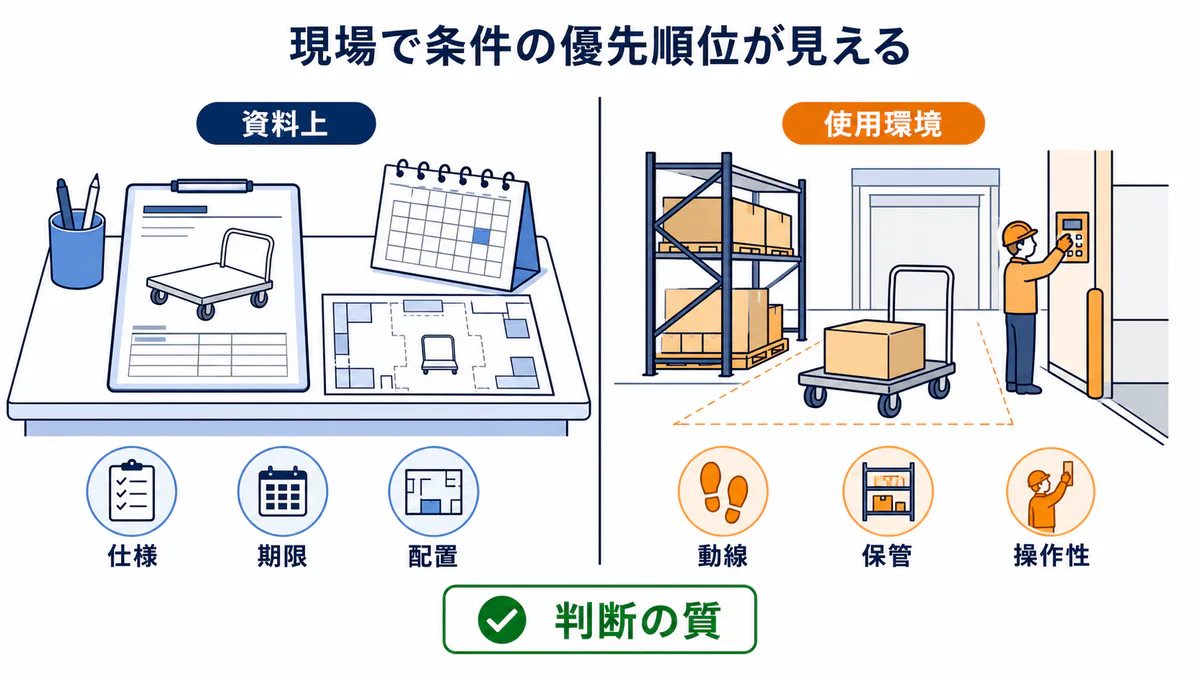 専門商社に向いている人が資料上の仕様・期限・配置と現場の動線・保管・操作性を照合する図解