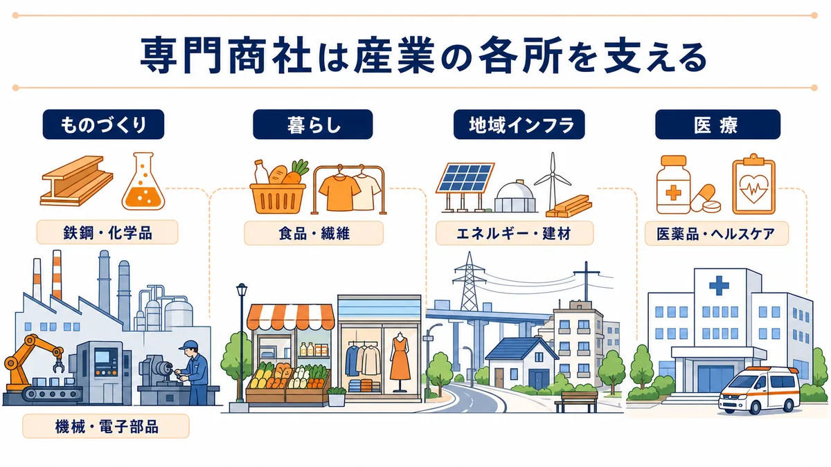 専門商社の業界分類をものづくり・暮らし・地域インフラ・医療の4領域で示した図解