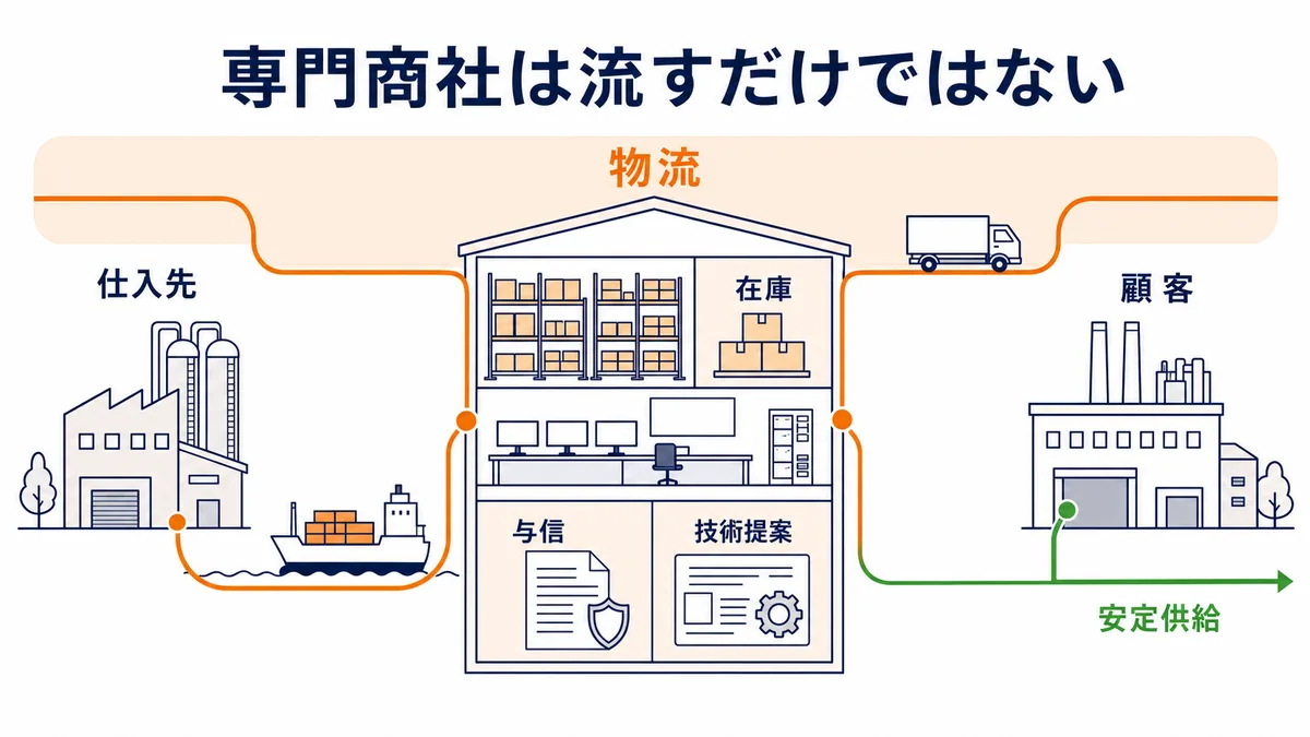 専門商社が仕入先と顧客の間で在庫・与信・物流・技術提案を組み合わせ安定供給を実現する仕組みの図解