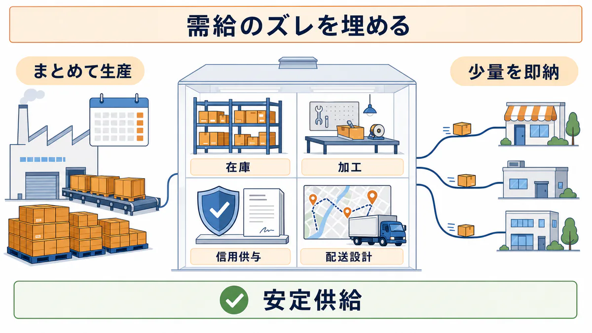 専門商社が生産ロットと小口需要のズレを在庫・加工・信用供与・配送設計で埋めるビジネスモデルの図解
