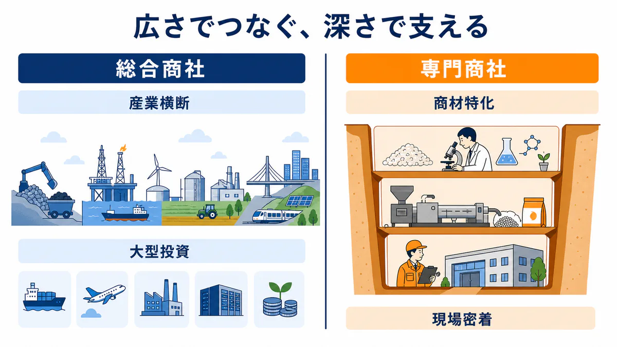 専門商社と総合商社の違いを事業領域の広さと専門性の深さで比較した図解