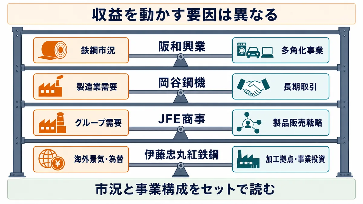 阪和興業・岡谷鋼機・JFE商事・伊藤忠丸紅鉄鋼の収益を動かす市況と事業構成の違いを示す図解