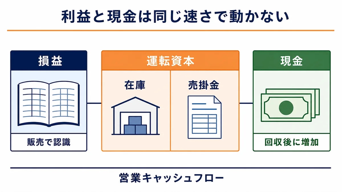 鉄鋼商社で利益計上後も在庫と売掛金に資金が滞留し現金回収まで時間差が生じる構造図