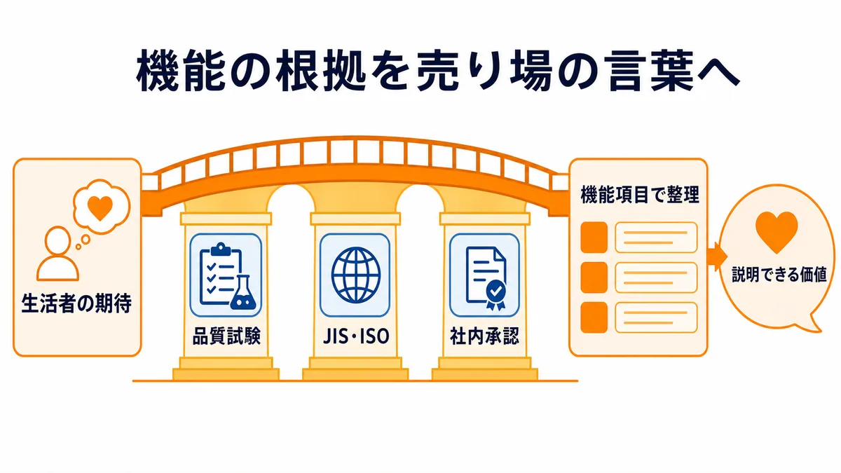 生活者の期待を品質試験、JIS・ISO、社内承認で検証し、説明できる機能価値へ変える流れを示す図解