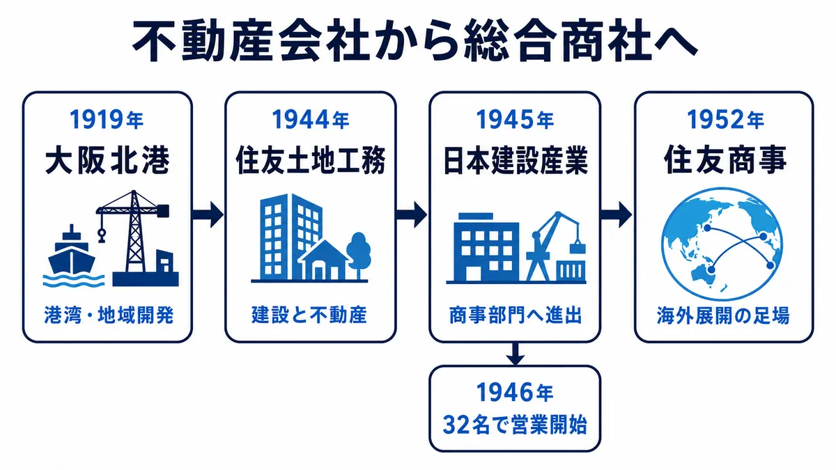 1919年の大阪北港から住友土地工務、日本建設産業、32名での営業開始を経て、1952年の住友商事へ至る系譜を示す図