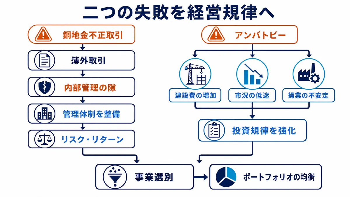 銅地金不正取引から管理体制とリスク・リターンを整え、アンバトビーの課題から投資規律を強化して事業選別へつなげる図