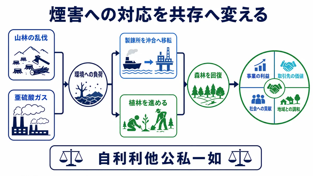 山林の乱伐と亜硫酸ガスによる環境負荷に対し、製錬所移転と植林で森林を回復し、社会や地域との共存へつなげる図