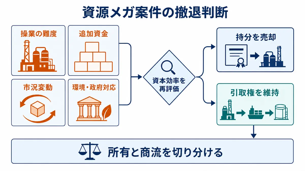 操業、追加資金、市況、環境対応の負荷を踏まえて資本効率を再評価し、持分売却後も引取権を維持する判断
