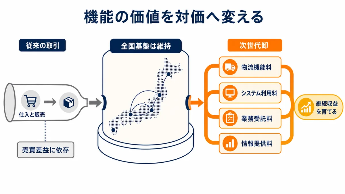 仕入と販売による売買差益中心の従来取引から、全国基盤を維持しながら物流、システム、業務受託、情報提供の機能ごとに対価を得る次世代卸への転換図