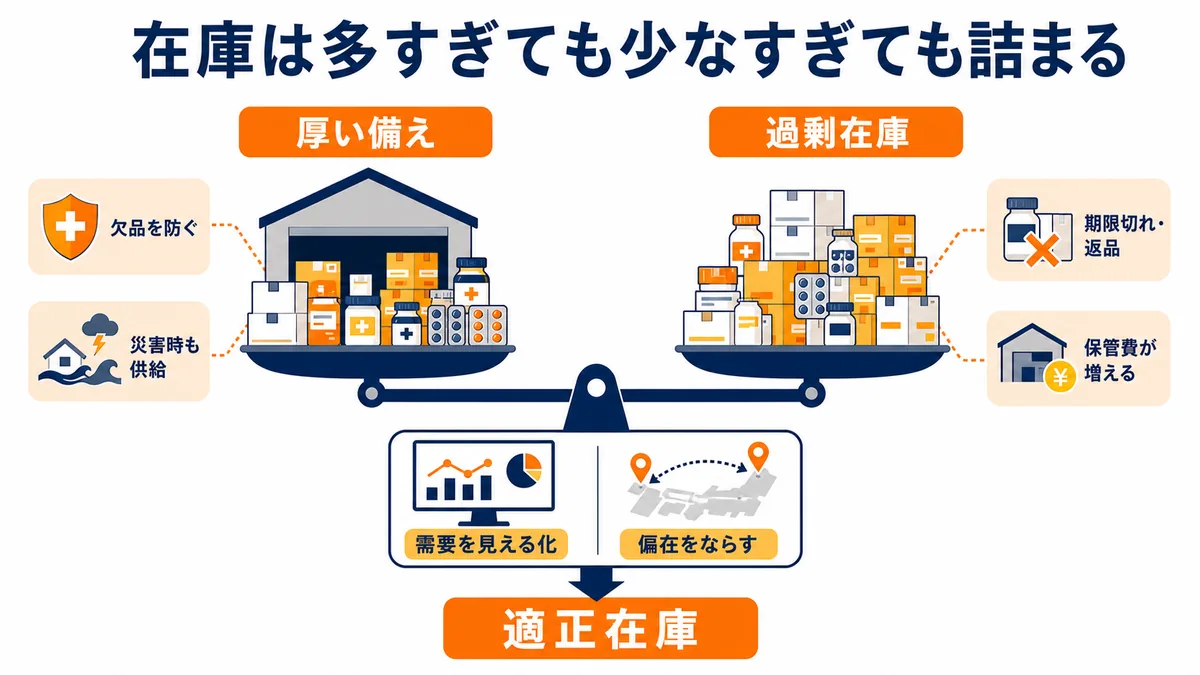 医薬品在庫を厚く持つことで欠品や災害に備える一方、過剰在庫では期限切れ・返品・保管費が増えるため、需要の可視化と偏在解消で適正在庫を保つ天秤図