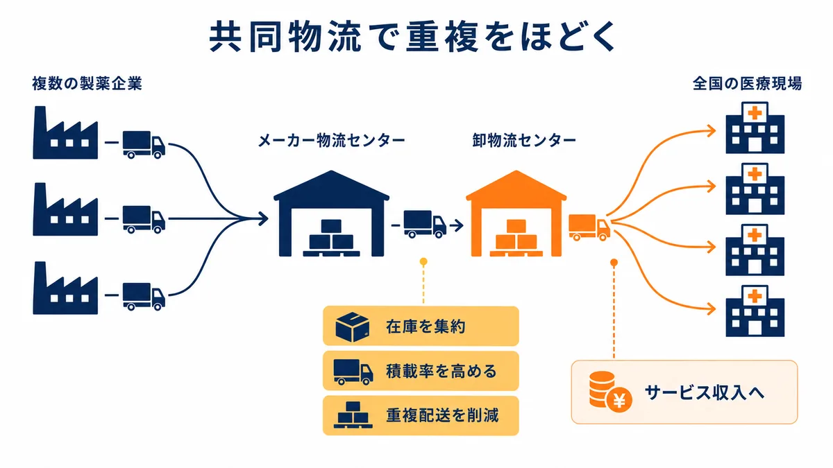 複数の製薬企業から商品をメーカー物流センターへ集約し、卸物流センターを経て全国の医療現場へ届けながら積載率向上と重複配送削減を図る共同物流図