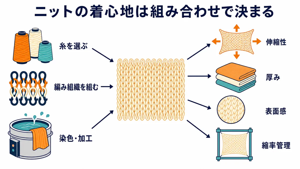 糸の選定、編み組織、染色・加工の組み合わせが、ニットの伸縮性、厚み、表面感、縮率管理を決める構造を示す図解