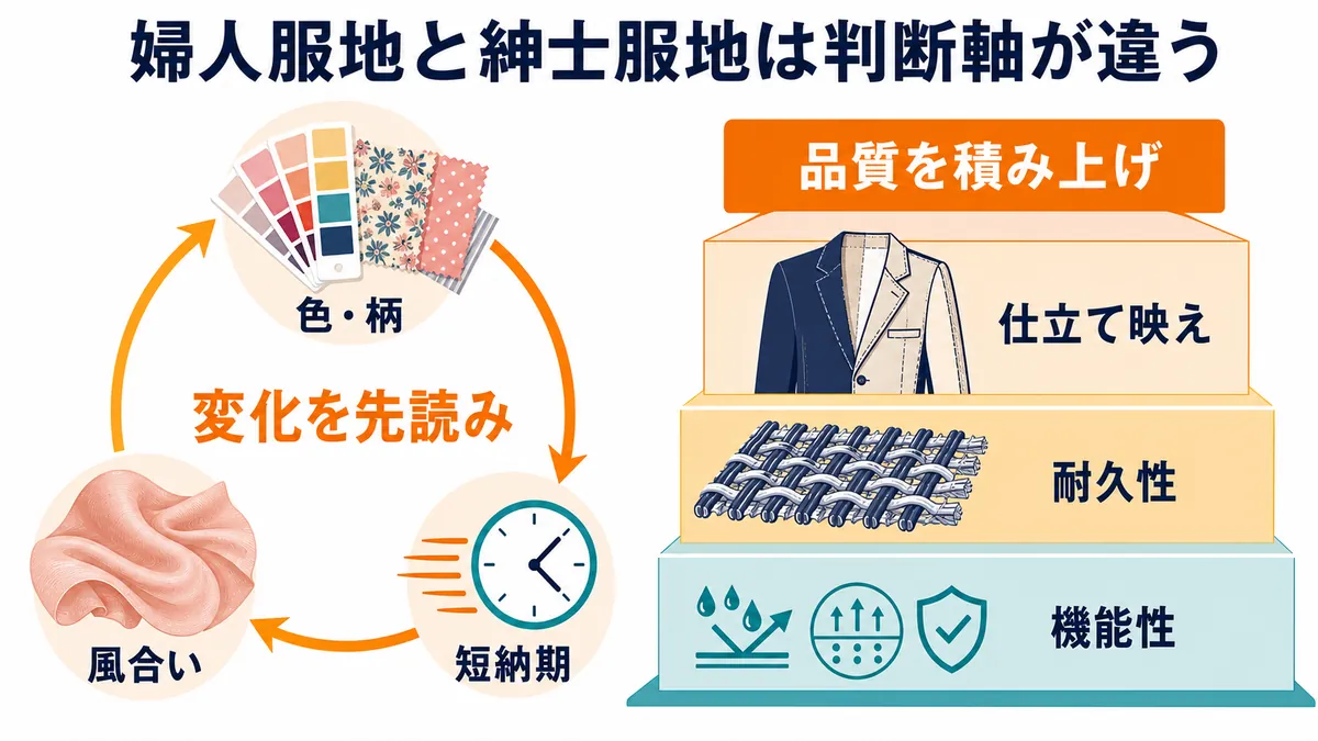 婦人服地では色・柄、風合い、短納期から変化を先読みし、紳士服地では仕立て映え、耐久性、機能性から品質を積み上げる違いを示す図解