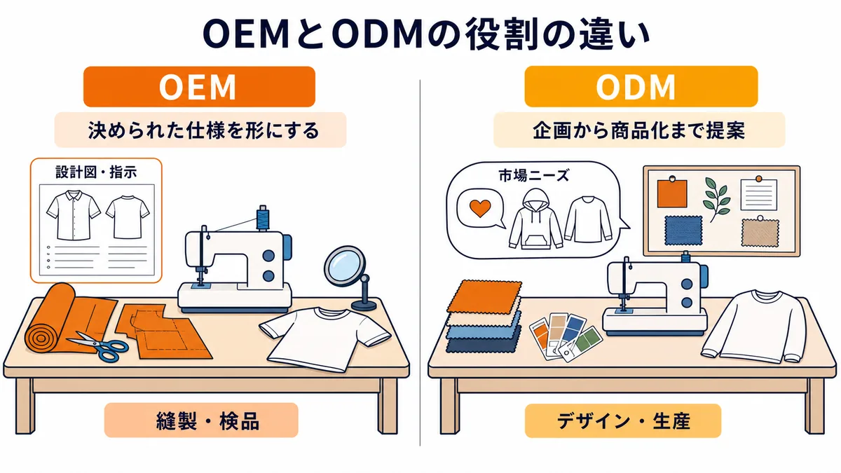 繊維商社のOEMとODMについて仕様に沿う生産と企画からの商品化の違いを示した図解