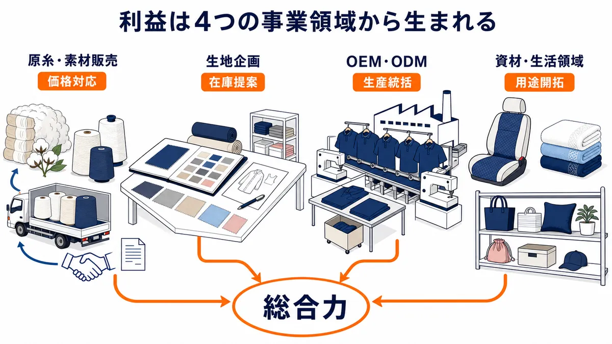 原糸・素材販売、生地企画、OEM・ODM、資材・生活領域が異なる付加価値を生み、総合力へつながる図解