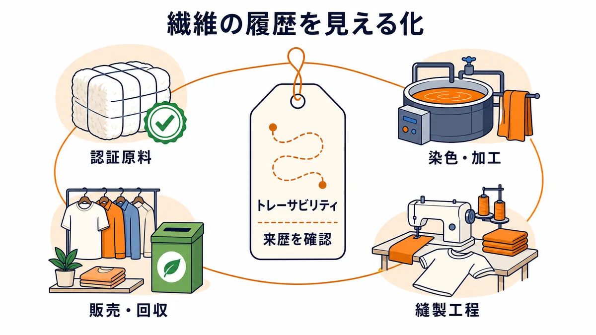 認証原料から染色加工、縫製、販売回収まで繊維のトレーサビリティを示した図解