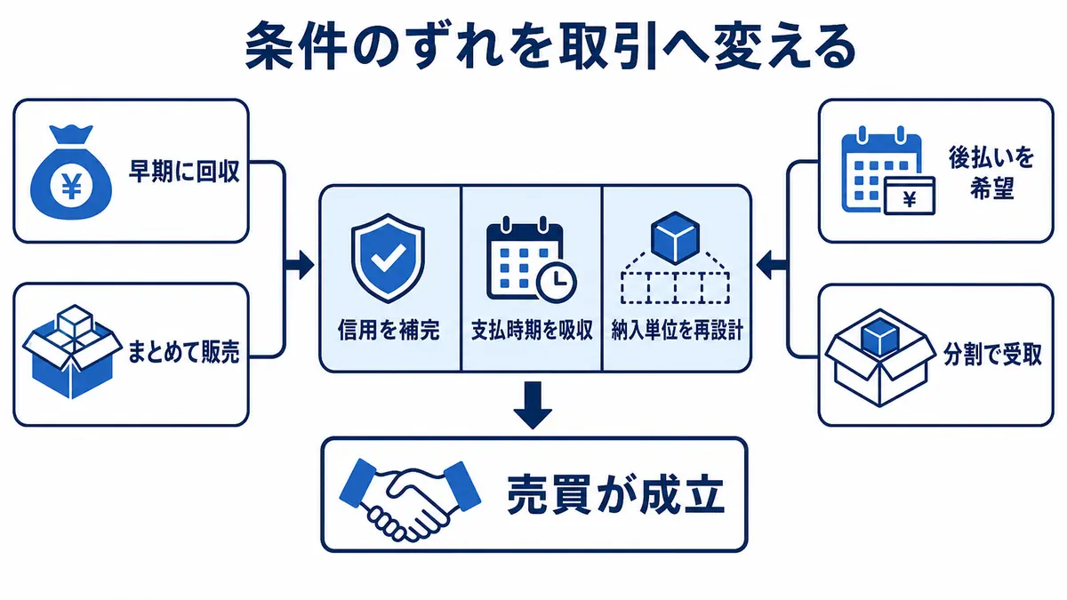 売り手の早期回収と一括販売、買い手の後払いと分割受取の条件差を、信用、支払時期、納入設計で吸収する仕組み