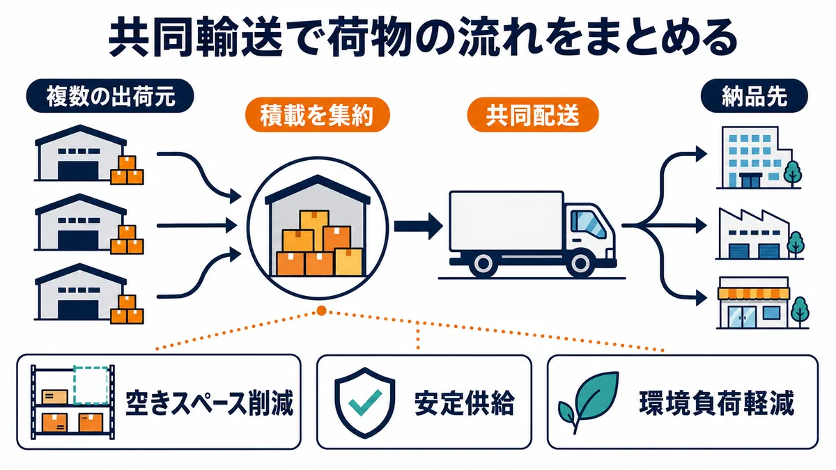 複数の出荷元から荷物を集約し、共同配送で納品先へ届け、空きスペース削減、安定供給、環境負荷軽減へつなげる図解