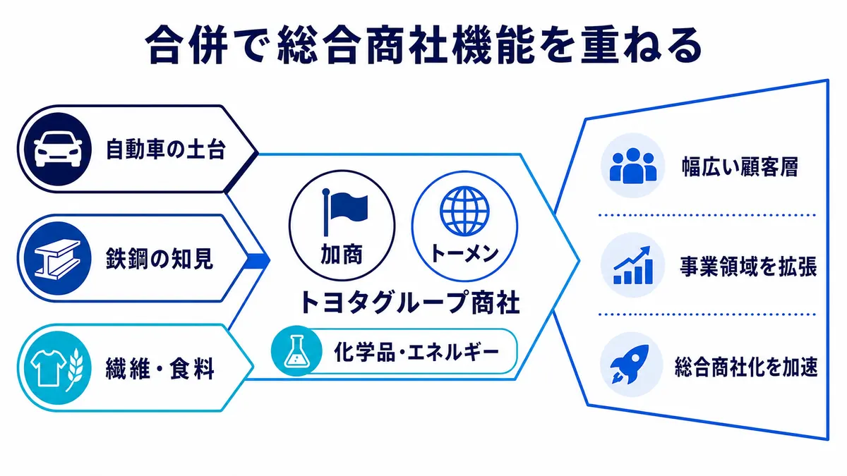トヨタグループ商社の自動車基盤に、加商の鉄鋼知見とトーメンの繊維・食料・化学品・エネルギー機能を重ねる図