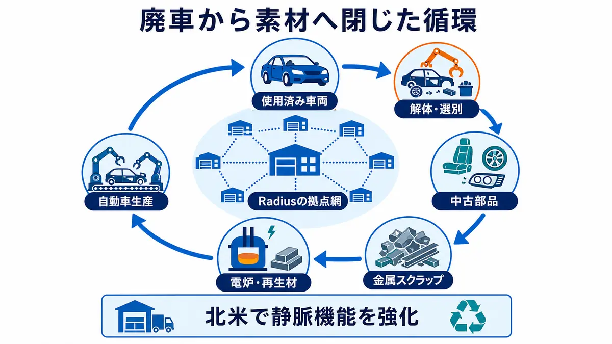 Radiusの北米拠点網を中心に、使用済み車両の解体・選別から中古部品、金属スクラップ、再生材、自動車生産へ戻す循環