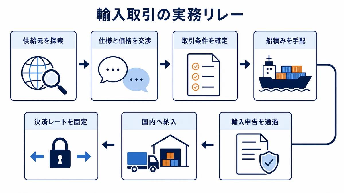 供給元探索、交渉、条件確定、船積み、輸入申告、国内納入、決済レート固定へ進む輸入取引の工程図