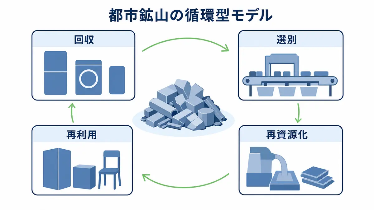 豊田通商の金属ビジネスに関わる都市鉱山の回収・選別・再資源化・再利用の循環を示した図解