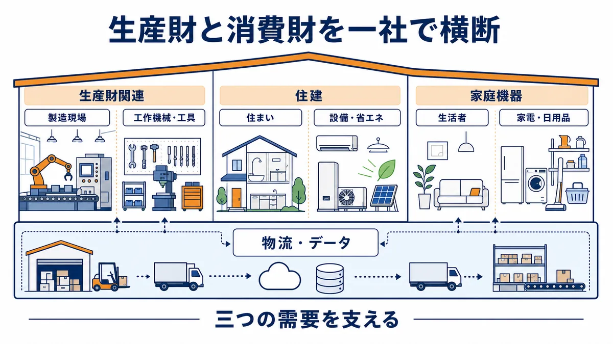 山善の事業構造を生産財関連・住建・家庭機器と物流データの関係で示した図解