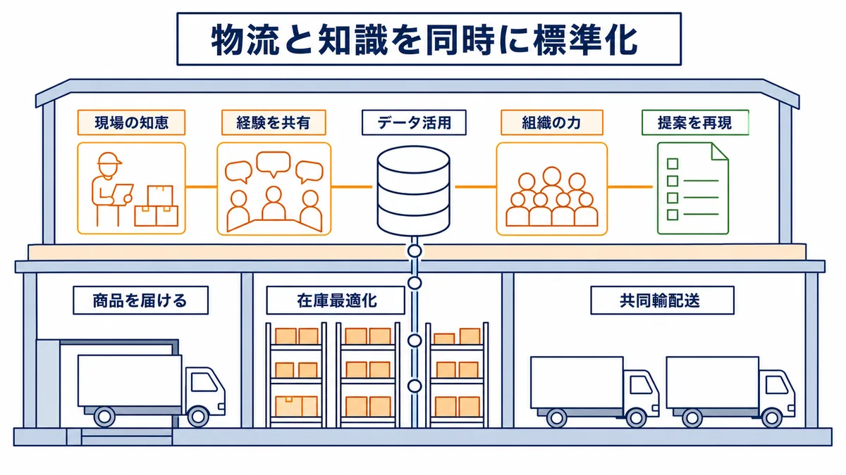 山善の物流戦略とDXを共同輸配送・在庫最適化・経験共有・データ活用・提案再現で示した図解