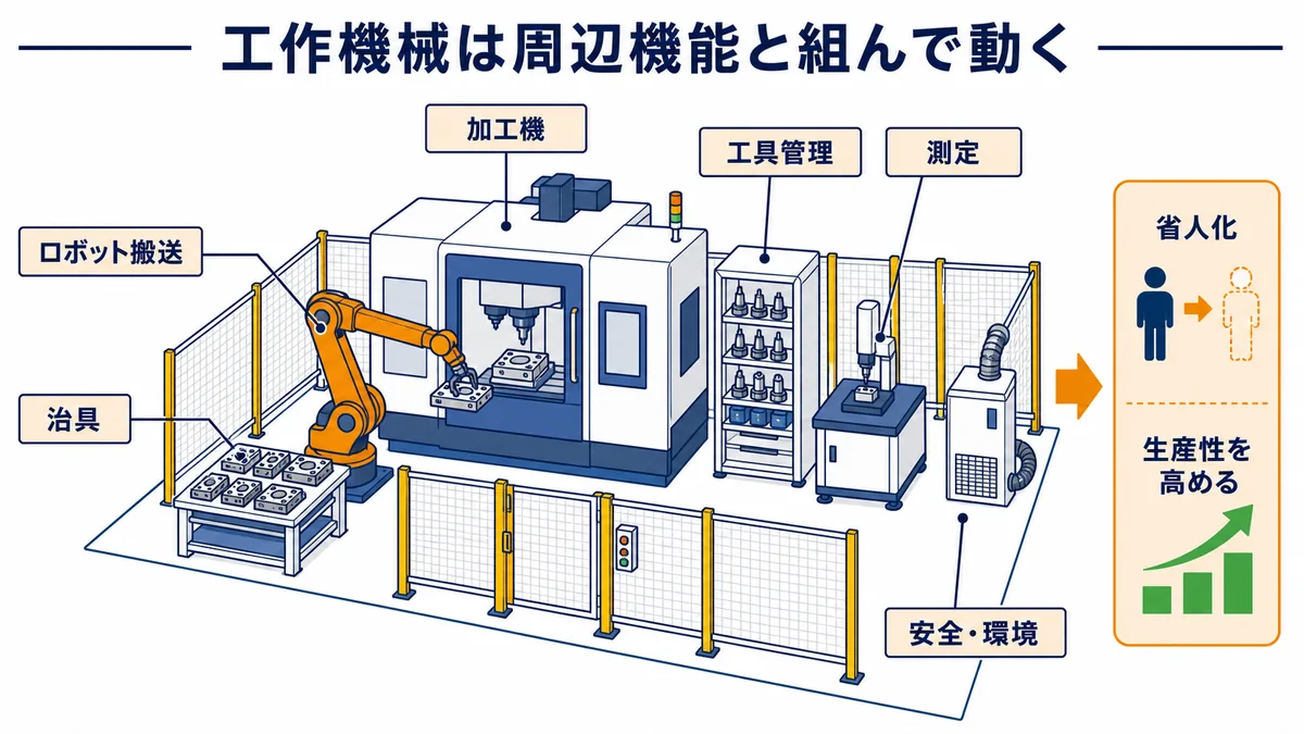 山善の工作機械にロボット搬送・治具・工具管理・測定・安全環境機器を組み合わせる自動化提案の図解