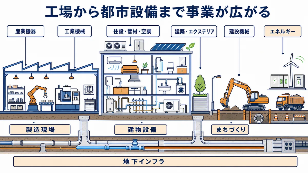 ユアサ商事の事業領域を産業機器・工業機械・住設空調・建築・建設機械・エネルギーの都市断面で示した図解