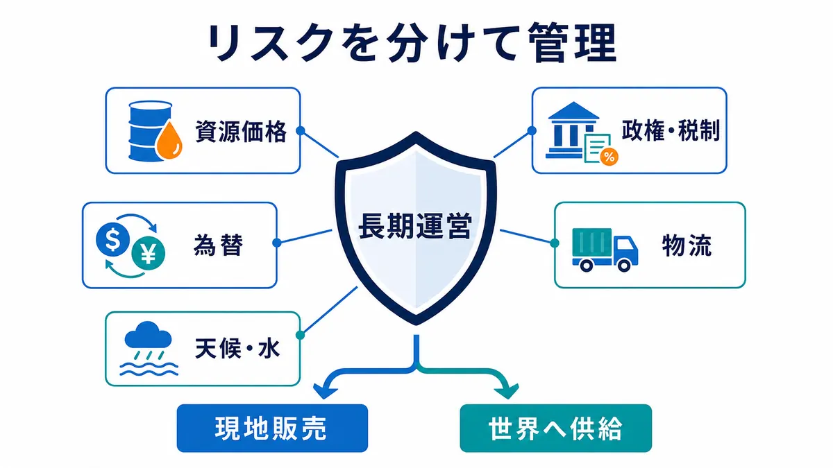資源価格、為替、政権・税制、天候・水、物流を分けて管理する中南米事業の図解