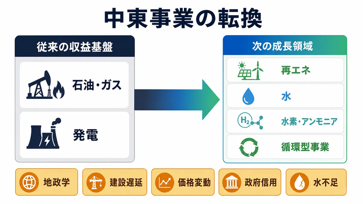 石油・ガスと発電から再エネ、水、水素・アンモニア、循環型事業へ広がる中東事業と主要リスクを示す図解