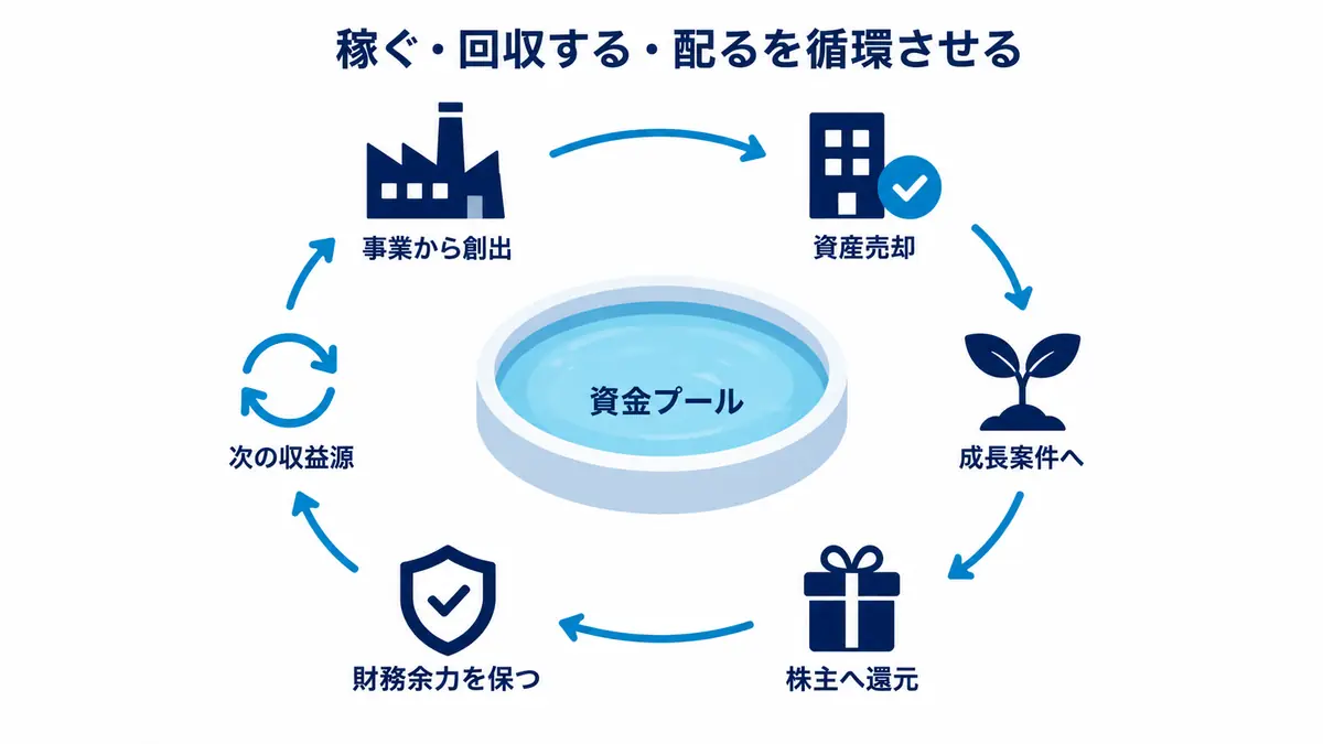 事業からの創出資金と資産売却による回収を資金プールへ集め、成長案件、株主還元、財務余力へ配分して次の収益源へ循環させる構造