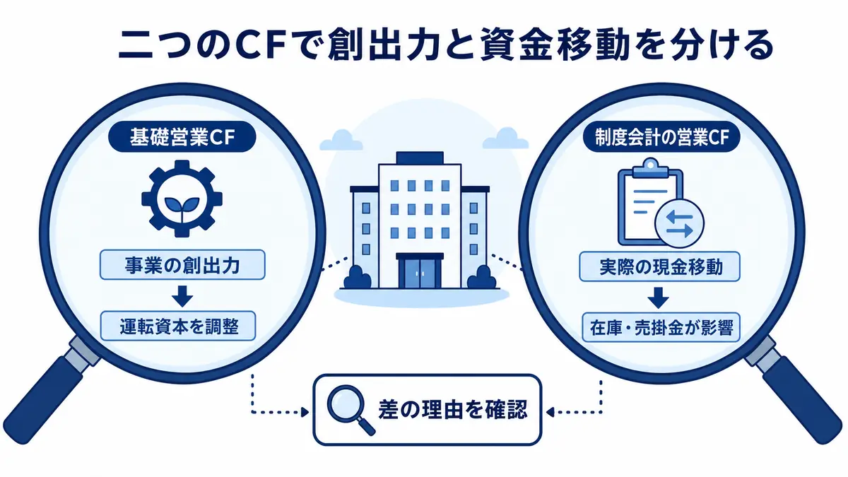 基礎営業キャッシュフローで運転資本を調整した事業の創出力を捉え、制度会計の営業キャッシュフローで在庫・売掛金を含む実際の現金移動を確認する見方