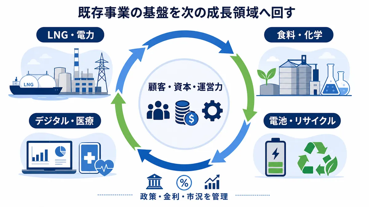 LNG・電力、食料・化学、電池・リサイクル、デジタル・医療へ資本と運営力を回す北米事業の図解