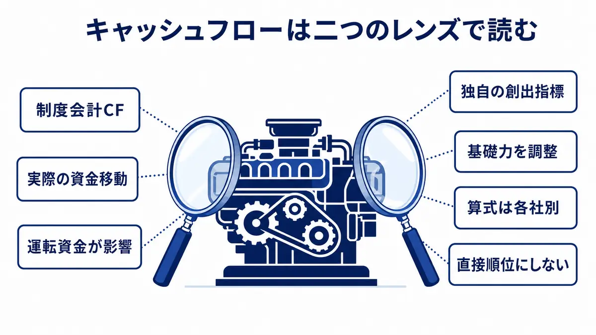 制度会計キャッシュフローで実際の資金移動を確認し、各社独自指標で運転資金を調整した基礎的創出力を見る一方、算式の違いから直接順位にしない考え方