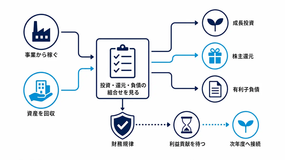 事業から稼いだ資金と資産回収を、成長投資、株主還元、有利子負債へ配分し、財務規律を守りながら投資の利益貢献を次年度へつなげる共通構造