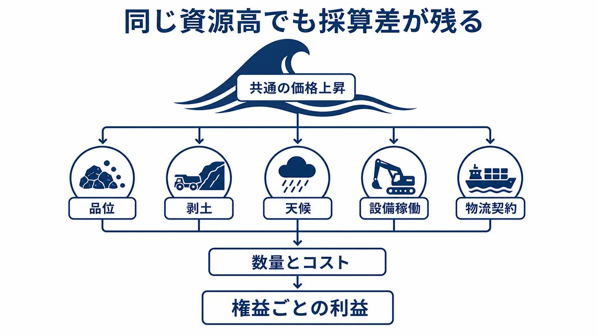 共通の商品価格上昇があっても、品位、剥土、天候、設備稼働、物流契約によって数量とコストが変わり、権益ごとの利益差が残る構造